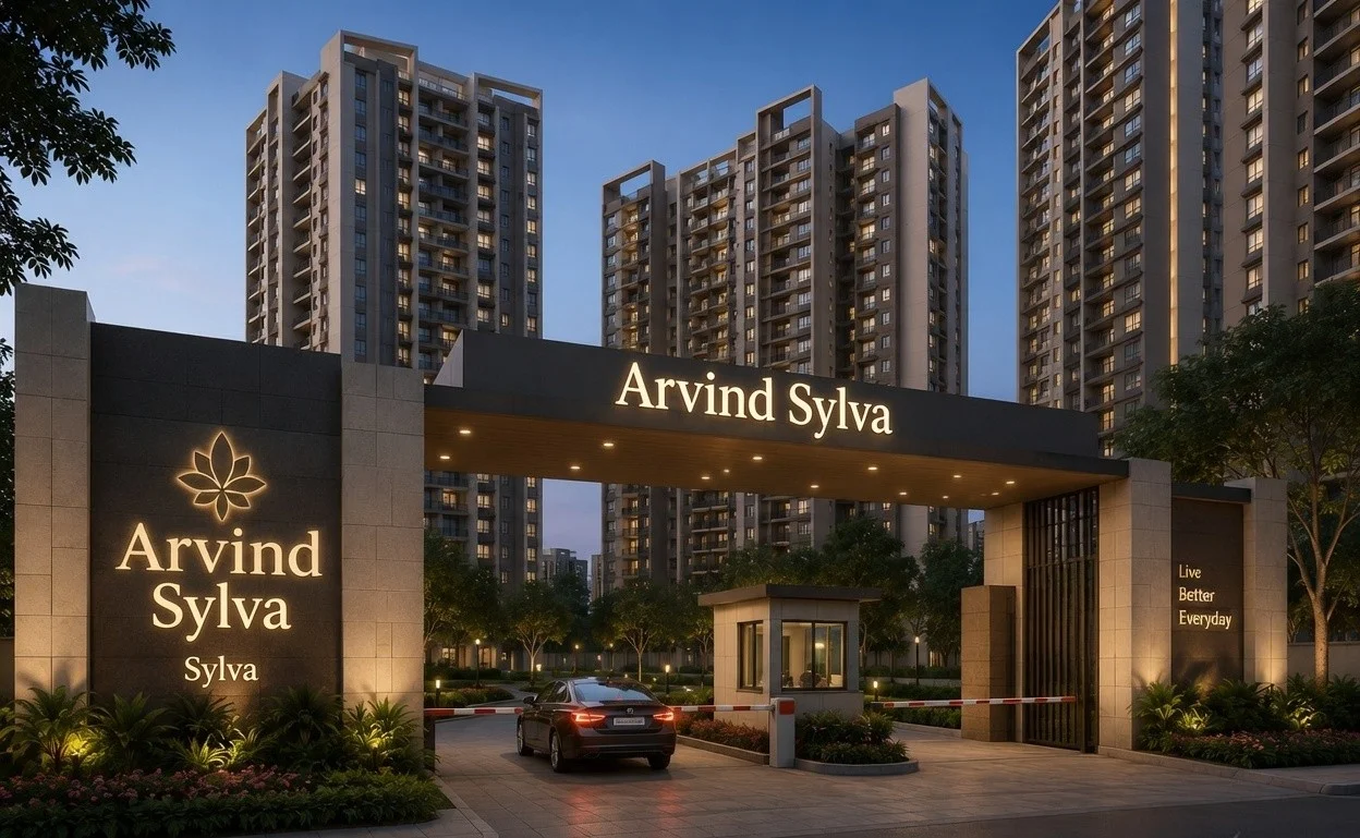 Arvind Sylva entrance and towers at dusk