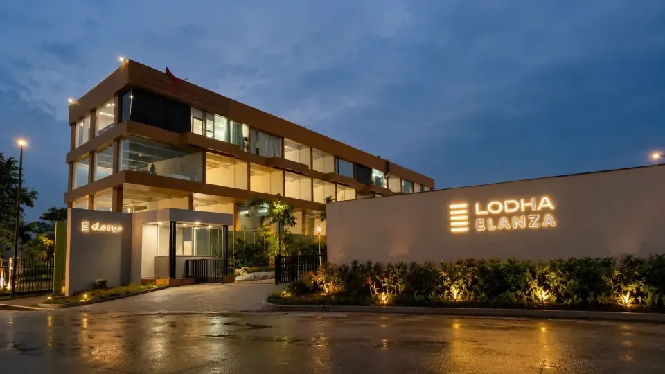 Lodha Elanza building exterior at dusk