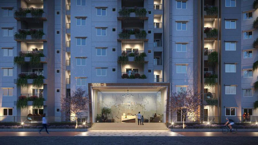 Sowparnika Whispering Petals tower entrance at night